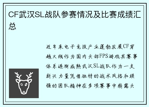 CF武汉SL战队参赛情况及比赛成绩汇总